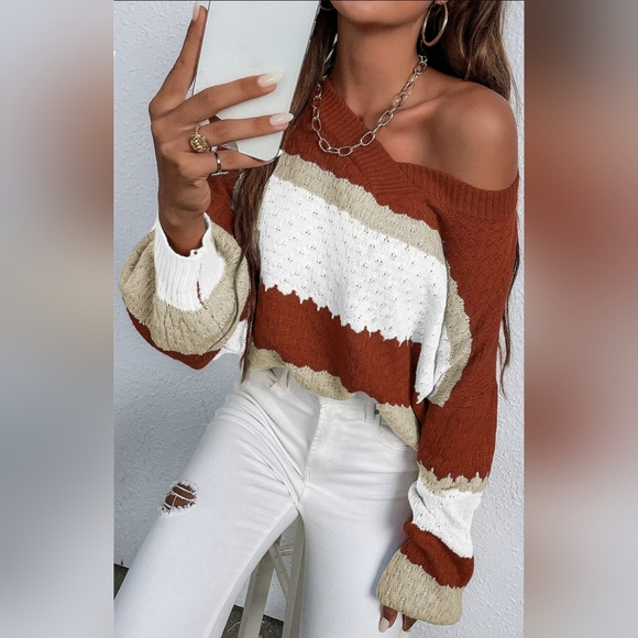 Ribbed Knit Sweater with Contrast Trim and Open Collar - Brown main image 0